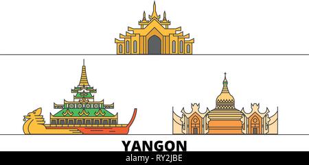Myanmar, Yangon flachbild Wahrzeichen Vector Illustration. Myanmar, Yangon die Stadt mit dem berühmten reisen Sehenswürdigkeiten, Skyline, Design. Stock Vektor