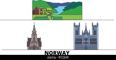 Norwegen flach Wahrzeichen Vector Illustration. Norwegen line Stadt mit berühmten reisen Sehenswürdigkeiten, Skyline, Design. Stock Vektor