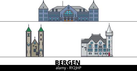 Norwegen, Bergen flachbild Wahrzeichen Vector Illustration. Norwegen, Bergen die Stadt mit dem berühmten reisen Sehenswürdigkeiten, Skyline, Design. Stock Vektor