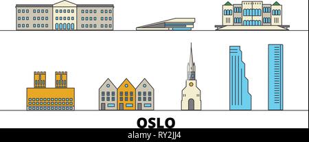 Norwegen, Oslo flachbild Wahrzeichen Vector Illustration. Norwegen, Oslo, die Stadt mit dem berühmten reisen Sehenswürdigkeiten, Skyline, Design. Stock Vektor
