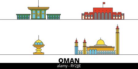 Oman, Muscat flachbild Wahrzeichen Vector Illustration. Oman, Muscat Linie Stadt mit berühmten reisen Sehenswürdigkeiten, Skyline, Design. Stock Vektor
