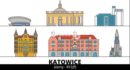 Polen, Kattowitz flachbild Wahrzeichen Vector Illustration. Polen, Kattowitz Linie Stadt mit berühmten reisen Sehenswürdigkeiten, Skyline, Design. Stock Vektor