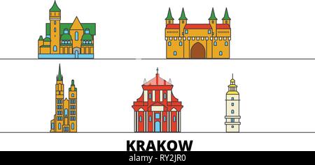 Polen, Krakau flachbild Wahrzeichen Vector Illustration. Polen, Krakau, die Stadt mit dem berühmten reisen Sehenswürdigkeiten, Skyline, Design. Stock Vektor