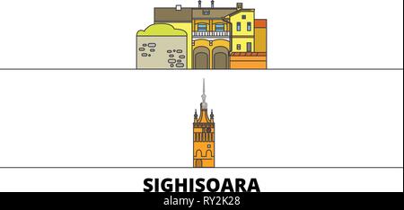 Rumänien Sighisoara flachbild Wahrzeichen Vector Illustration. Rumänien Sighisoara Linie Stadt mit berühmten reisen Sehenswürdigkeiten, Skyline, Design. Stock Vektor