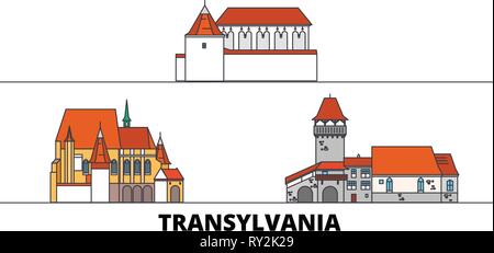 Rumänien, Siebenbürgen flachbild Wahrzeichen Vector Illustration. Rumänien, Siebenbürgen, die Stadt mit dem berühmten reisen Sehenswürdigkeiten, Skyline, Design. Stock Vektor