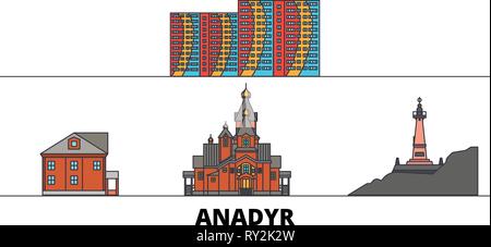 Russland, Anadyr flachbild Wahrzeichen Vector Illustration. Russland, Anadyr Linie Stadt mit berühmten reisen Sehenswürdigkeiten, Skyline, Design. Stock Vektor