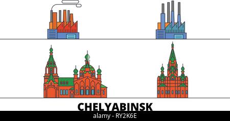 Russland, Tscheljabinsk flachbild Wahrzeichen Vector Illustration. Russland, Tscheljabinsk, die Stadt mit dem berühmten reisen Sehenswürdigkeiten, Skyline, Design. Stock Vektor