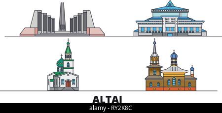 Russland, Gorno Altaysk flachbild Wahrzeichen Vector Illustration. Russland, Gorno Altaysk Linie Stadt mit berühmten reisen Sehenswürdigkeiten, Skyline, Design. Stock Vektor