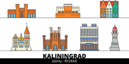 Russland, Kaliningrad flachbild Wahrzeichen Vector Illustration. Russland, Kaliningrad Linie Stadt mit berühmten reisen Sehenswürdigkeiten, Skyline, Design. Stock Vektor