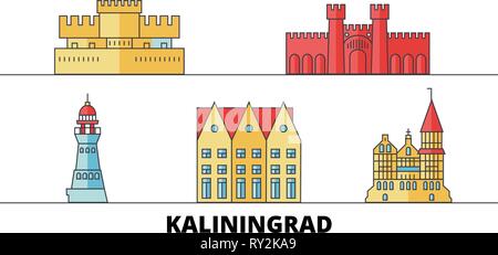 Russland, Kaliningrad City Flat Wahrzeichen Vector Illustration. Russland, Kaliningrad City Line Stadt mit berühmten reisen Sehenswürdigkeiten, Skyline, Design. Stock Vektor