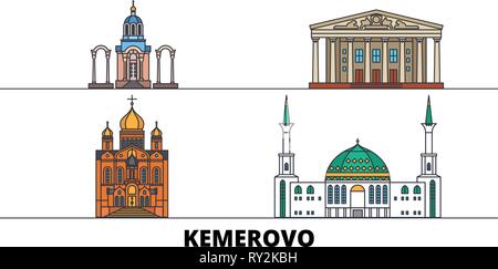 Russland, Kemerovo flachbild Wahrzeichen Vector Illustration. Russland, Kemerovo Linie Stadt mit berühmten reisen Sehenswürdigkeiten, Skyline, Design. Stock Vektor