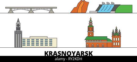 Russland, Krasnoyarsk flachbild Wahrzeichen Vector Illustration. Russland, Krasnoyarsk die Stadt mit dem berühmten reisen Sehenswürdigkeiten, Skyline, Design. Stock Vektor