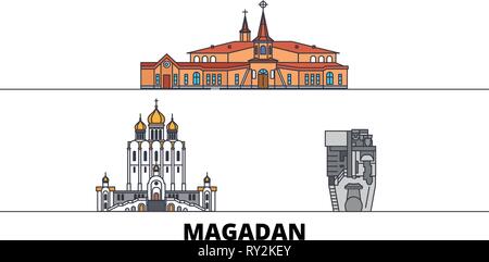 Russland, Gebiet Magadan flachbild Wahrzeichen Vector Illustration. Russland, Gebiet Magadan Linie Stadt mit berühmten reisen Sehenswürdigkeiten, Skyline, Design. Stock Vektor