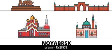 Russland, Noyabrsk flachbild Wahrzeichen Vector Illustration. Russland, Noyabrsk Linie Stadt mit berühmten reisen Sehenswürdigkeiten, Skyline, Design. Stock Vektor