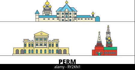 Russland, Perm flachbild Wahrzeichen Vector Illustration. Russland, Perm, die Stadt mit dem berühmten reisen Sehenswürdigkeiten, Skyline, Design. Stock Vektor