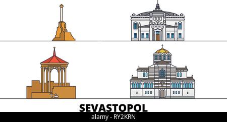 Russland, Sewastopol flachbild Wahrzeichen Vector Illustration. Russland, Sewastopol Linie Stadt mit berühmten reisen Sehenswürdigkeiten, Skyline, Design. Stock Vektor