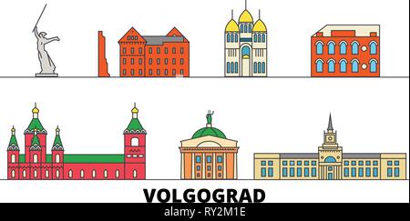 Russland, Wolgograd flachbild Wahrzeichen Vector Illustration. Russland, Wolgograd Linie Stadt mit berühmten reisen Sehenswürdigkeiten, Skyline, Design. Stock Vektor