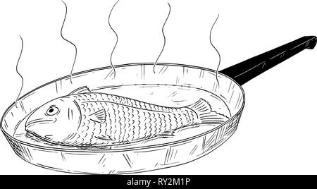 Cartoon Zeichnen von Fisch gekocht auf der Pfanne Stock Vektor