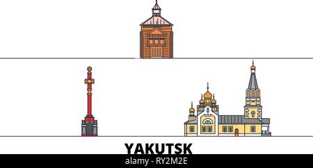 Russland, Jakutsk flachbild Wahrzeichen Vector Illustration. Russland, Jakutsk Linie Stadt mit berühmten reisen Sehenswürdigkeiten, Skyline, Design. Stock Vektor