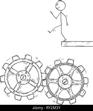 Cartoon von Mann oder Geschäftsmann Walking Kunstlosen zu Fallen in der Maschine Zahnräder Stock Vektor