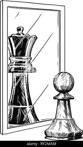 Cartoon Zeichnung des Weißen Schach Schachfigur reflektierende Spiegel als schwarze König, Vertrauen Metapher Stock Vektor