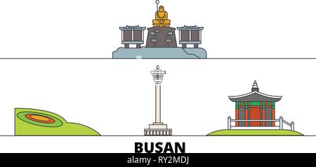 Südkorea, Busan flachbild Wahrzeichen Vector Illustration. Südkorea, Busan Linie Stadt mit berühmten reisen Sehenswürdigkeiten, Skyline, Design. Stock Vektor