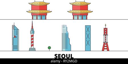Südkorea, Seoul flachbild Wahrzeichen Vector Illustration. Südkorea, Seoul Linie Stadt mit berühmten reisen Sehenswürdigkeiten, Skyline, Design. Stock Vektor