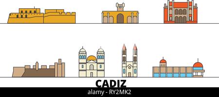 Spanien, Cadiz flachbild Wahrzeichen Vector Illustration. Spanien, Cadiz, die Stadt mit dem berühmten reisen Sehenswürdigkeiten, Skyline, Design. Stock Vektor