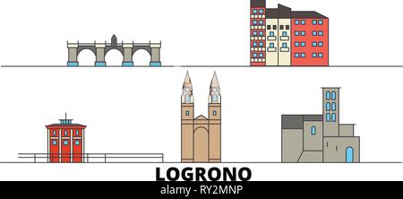 Spanien, Logrono flachbild Wahrzeichen Vector Illustration. Spanien, Logrono Linie Stadt mit berühmten reisen Sehenswürdigkeiten, Skyline, Design. Stock Vektor
