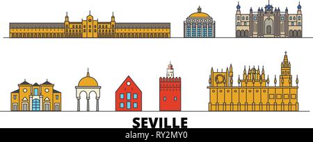 Spanien, Sevilla flachbild Wahrzeichen Vector Illustration. Spanien, Sevilla die Stadt mit dem berühmten reisen Sehenswürdigkeiten, Skyline, Design. Stock Vektor