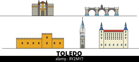 Spanien, Toledo flachbild Wahrzeichen Vector Illustration. Spanien, Toledo Linie Stadt mit berühmten reisen Sehenswürdigkeiten, Skyline, Design. Stock Vektor