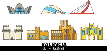 Spanien, Valencia flachbild Wahrzeichen Vector Illustration. Spanien, Valencia, die Stadt mit dem berühmten reisen Sehenswürdigkeiten, Skyline, Design. Stock Vektor