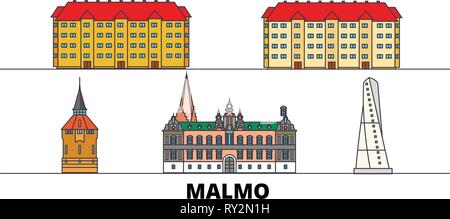 Schweden, Malmö flachbild Wahrzeichen Vector Illustration. Schweden, Malmö die Stadt mit dem berühmten reisen Sehenswürdigkeiten, Skyline, Design. Stock Vektor