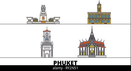 Thailand, Phuket flachbild Wahrzeichen Vector Illustration. Thailand, Phuket die Stadt mit dem berühmten reisen Sehenswürdigkeiten, Skyline, Design. Stock Vektor