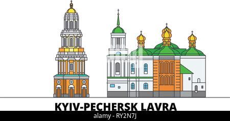 Ukraine, Kiew, Pechersk Lavra flachbild Wahrzeichen Vector Illustration. Ukraine, Kiew, Pechersk Lavra Linie Stadt mit berühmten reisen Sehenswürdigkeiten, Skyline, Design. Stock Vektor