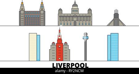 Vereinigtes Königreich, Liverpool flachbild Wahrzeichen Vector Illustration. Vereinigtes Königreich, Liverpool die Stadt mit dem berühmten reisen Sehenswürdigkeiten, Skyline, Design. Stock Vektor