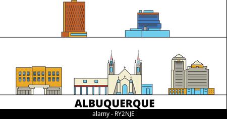 Usa, Albuquerque flachbild Wahrzeichen Vector Illustration. Usa, Albuquerque Linie Stadt mit berühmten reisen Sehenswürdigkeiten, Skyline, Design. Stock Vektor