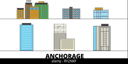 United States, Anchorage flachbild Wahrzeichen Vector Illustration. United States, Anchorage Linie Stadt mit berühmten reisen Sehenswürdigkeiten, Skyline, Design. Stock Vektor