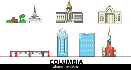 Usa, Kolumbien flat Wahrzeichen Vector Illustration. Usa, Columbia Linie Stadt mit berühmten reisen Sehenswürdigkeiten, Skyline, Design. Stock Vektor