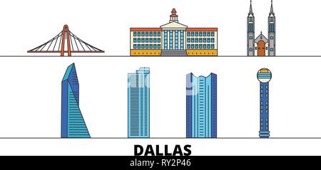 Usa, Dallas flachbild Wahrzeichen Vector Illustration. Usa, Dallas Linie Stadt mit berühmten reisen Sehenswürdigkeiten, Skyline, Design. Stock Vektor