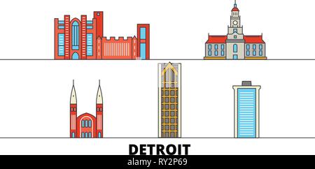 Usa, Detroit flachbild Wahrzeichen Vector Illustration. Usa, Detroit Linie Stadt mit berühmten reisen Sehenswürdigkeiten, Skyline, Design. Stock Vektor