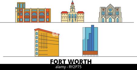 Usa, Fort Worth flachbild Wahrzeichen Vector Illustration. Usa, Fort Worth Linie Stadt mit berühmten reisen Sehenswürdigkeiten, Skyline, Design. Stock Vektor