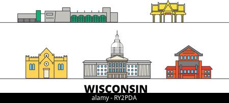 United States, Madison flachbild Wahrzeichen Vector Illustration. United States, Madison Linie Stadt mit berühmten reisen Sehenswürdigkeiten, Skyline, Design. Stock Vektor