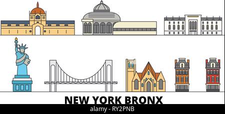 United States, New York Bronx flachbild Wahrzeichen Vector Illustration. United States, New York Bronx Linie Stadt mit berühmten reisen Sehenswürdigkeiten, Skyline, Design. Stock Vektor