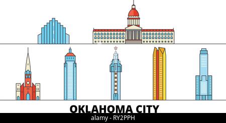 Usa, Oklahoma City Flat Wahrzeichen Vector Illustration. Usa, Oklahoma City Line Stadt mit berühmten reisen Sehenswürdigkeiten, Skyline, Design. Stock Vektor