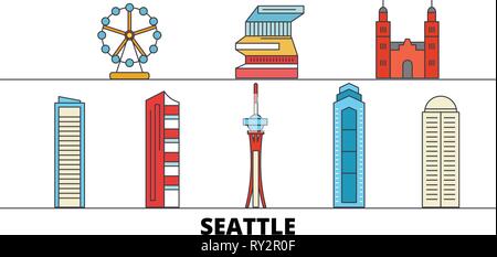 Usa, Seattle flachbild Wahrzeichen Vector Illustration. Usa, Seattle die Stadt mit dem berühmten reisen Sehenswürdigkeiten, Skyline, Design. Stock Vektor