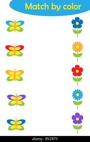 Passende Spiel für Kinder, verbinden Sie bunte Schmetterlinge mit der gleichen Farbe Blumen, Vorschule Arbeitsblatt Aktivität für Kinder, Aufgabe für die Entwicklung von l Stock Vektor
