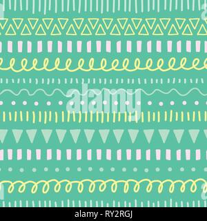 Kids Doodles nahtloser Vektor-Hintergrund. Muster im Ethno- und Stammesstil: Grün, gelb, blaugrün, rosa. Handgezeichnete Doodle-Striche, Linien, Dreiecke Stock Vektor