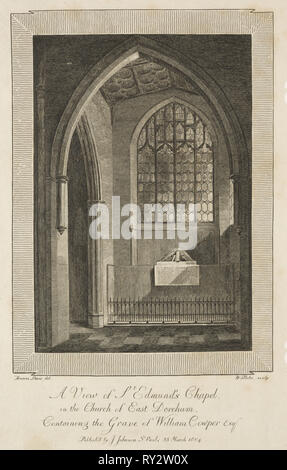 Blick auf St. Edmund's Kapelle in der Kirche von East Dereham, mit dem Grab von William Cowper Esquire, 1804. William Blake (British, 1757-1827). Gravur Stockfoto