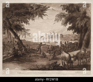 Liber Veritatis: Nr. 36, pastorale Szene mit Dorfbewohnern und eine Herde von Rindern und Ziegen, 1777. Richard Earlom (British, 1743-1822). Ätzen und schabkunst Stockfoto